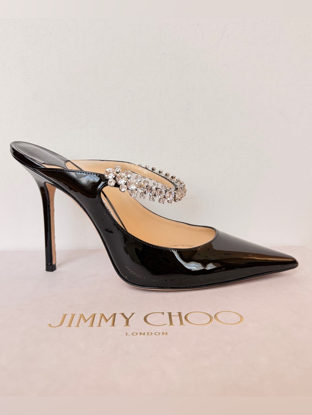 Jimmy Choo Bing 100 Black Patent Leather Crystal Mule Pump Heeled Sandals 38 - Picture 5 of 10